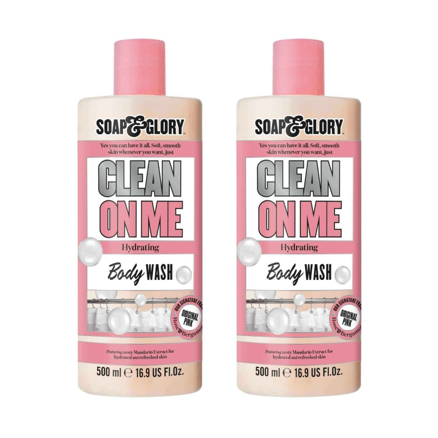 Soap & Glory Original Pink Clean On Me Body Wash - Hydrating Shower Soap & Skin Cleanser with Built In Body Lotion for Hydration - Bergamot & Rose Scented Moisturizing Body Wash (500 ml, 2 pack)