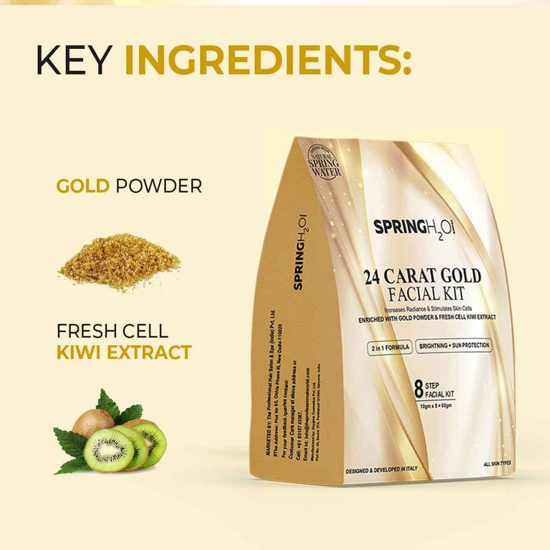 SPRING H2O 24 Carat Gold Facial Kit 80gm| 2 in 1 Formula Brightning+Sun Protection| Enriched with Fresh Cell KIWI Extract and Gold Powder|Simple 8 Step