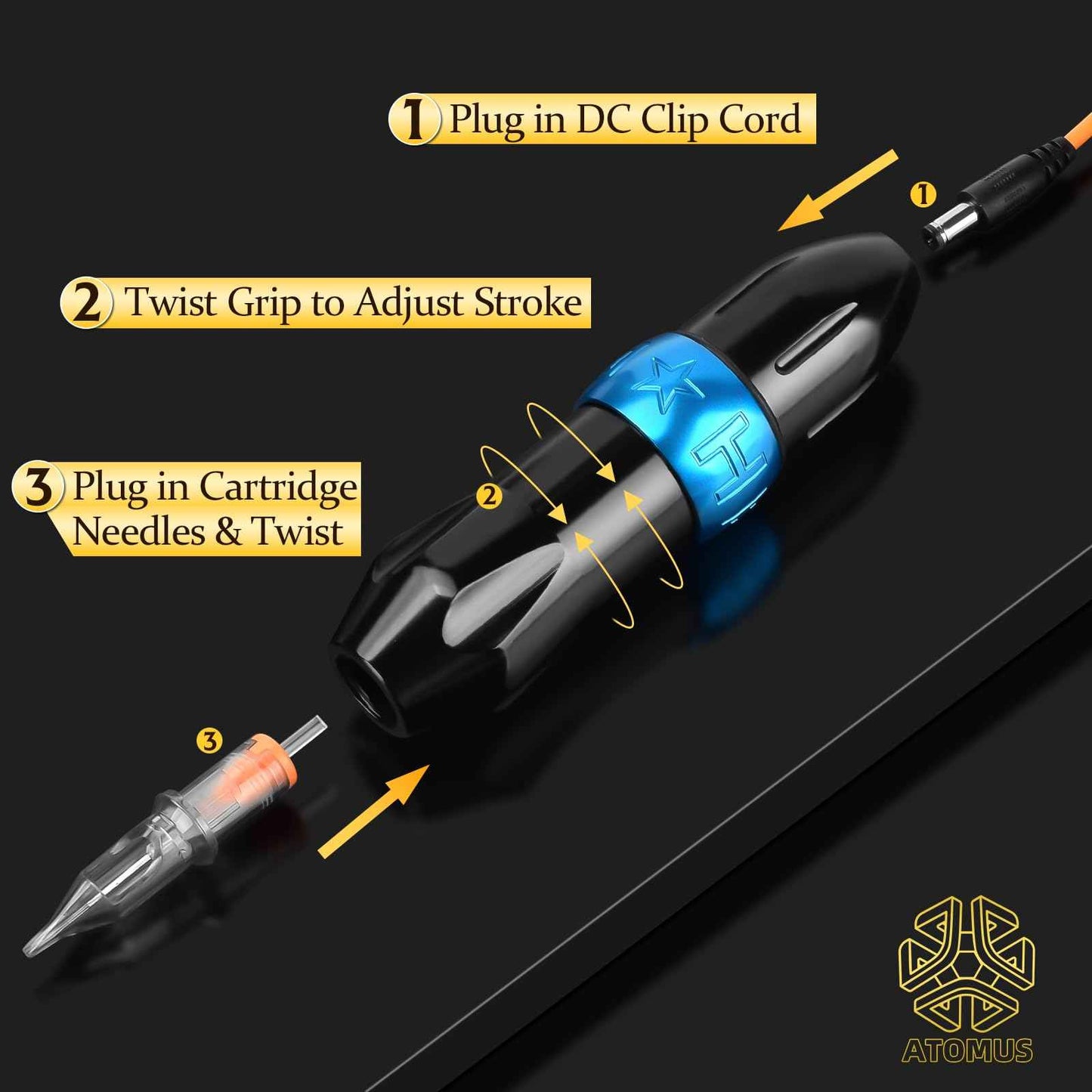 Rotary Tattoo Pen Machine, ATOMUS Tattoo Short Pen Style Cartridge Machine Gun Liner Shader with DC Cord 9000r/m Coreless Motor Aluminum Alloy Frame Tattoo Machine (Blue)