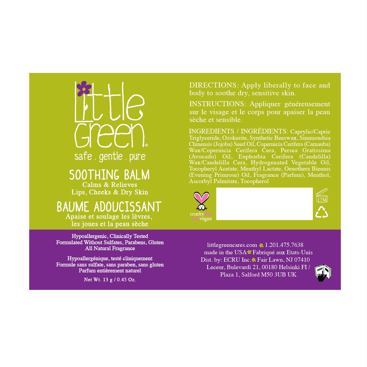 Little Green Kids Soothing Balm, Kids Skincare, Moisturizing Baby Lip Balm for Chapped Lips, Cheeks & Dry Skin, Pack of 2 Sticks, 0.45oz
