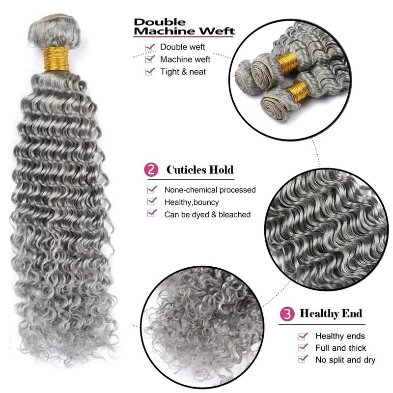 Grey Bundles Human Hair Deep Wave Bundles 24 26 28 Inch Gray Deep Wave Bundles Human Hair Extensions Double Weft Unprocessed Brazilian Virgin Hair 3 Bundles 50 Grams Per Bundle