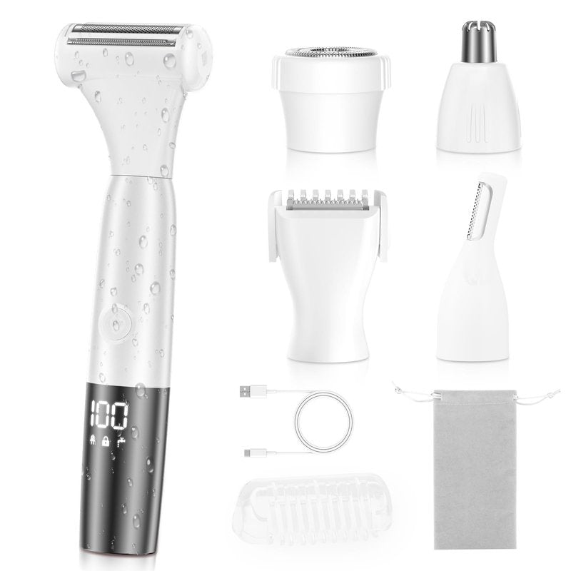 5 in 1 Bikini Trimmer for Women - Electric Razors for Women, Cordless Rechargeable Electric Shaver, IPX7 Waterproof Wet Dry Lady Body Hair Remover for Face Nose Eyebrow Arm Leg Pubic Armpit Bikini