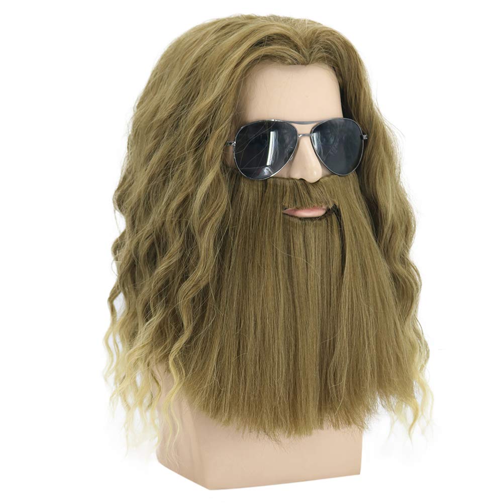 MAGQOO Golden Brown Wig with Beard Mustaches Men's Long Curly Wig Golden Brown Hair Wigs Halloween Cosplay Costume Party Wigs