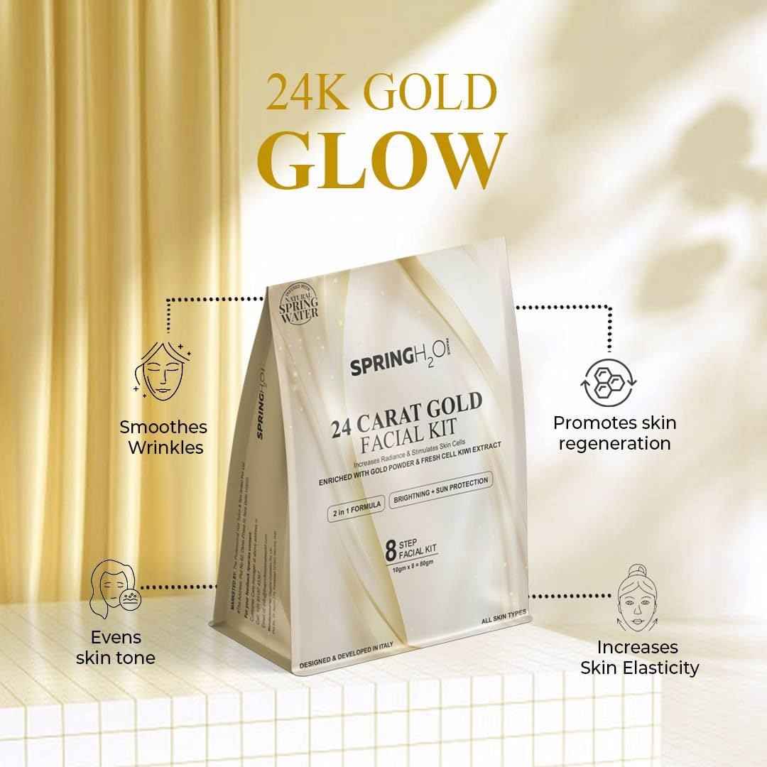 SPRING H2O 24 Carat Gold Facial Kit 80gm| 2 in 1 Formula Brightning+Sun Protection| Enriched with Fresh Cell KIWI Extract and Gold Powder|Simple 8 Step