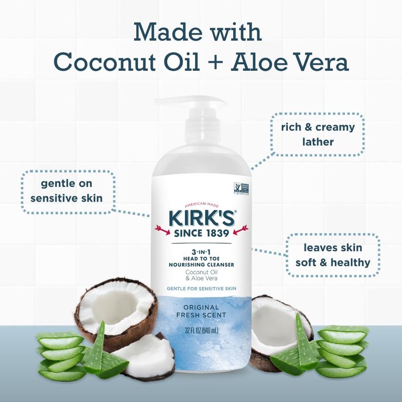 Kirk's Original Fresh 3-in-1 Nourishing Cleanser and Travel Bar Soap, Shampoo Body Wash Bubble Bath, Coconut Oil and Aloe Vera, Vegan Non-GMO, 32 Fl Oz, Pack of 2