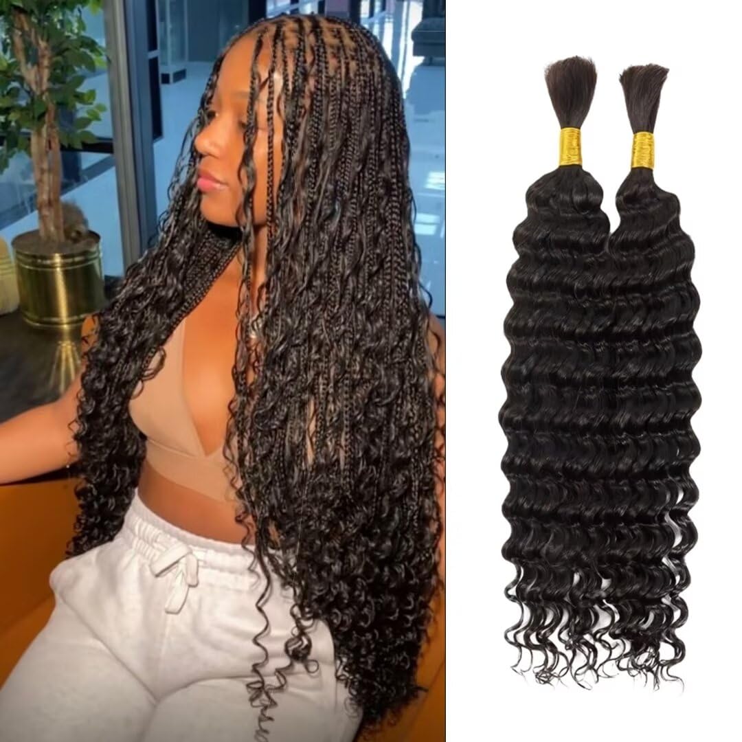 Human Braiding Hair - 100% Virgin Deep Wave Bulk Extensions | 22 Inch, Natural Black, 2 Bundles
