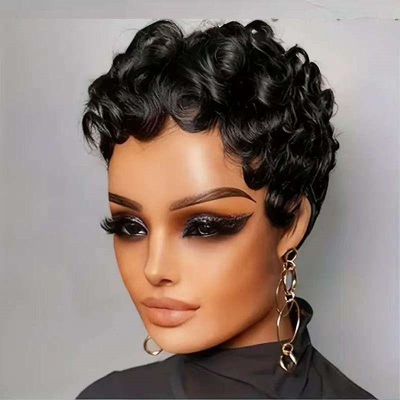 Nigteye Pixie Cut Wigs for Black Women Short Layered Pixie Human Hair Wigs With Bangs Natural Black Color Glueless Short Curly Human Hair Wig Full Machine Made