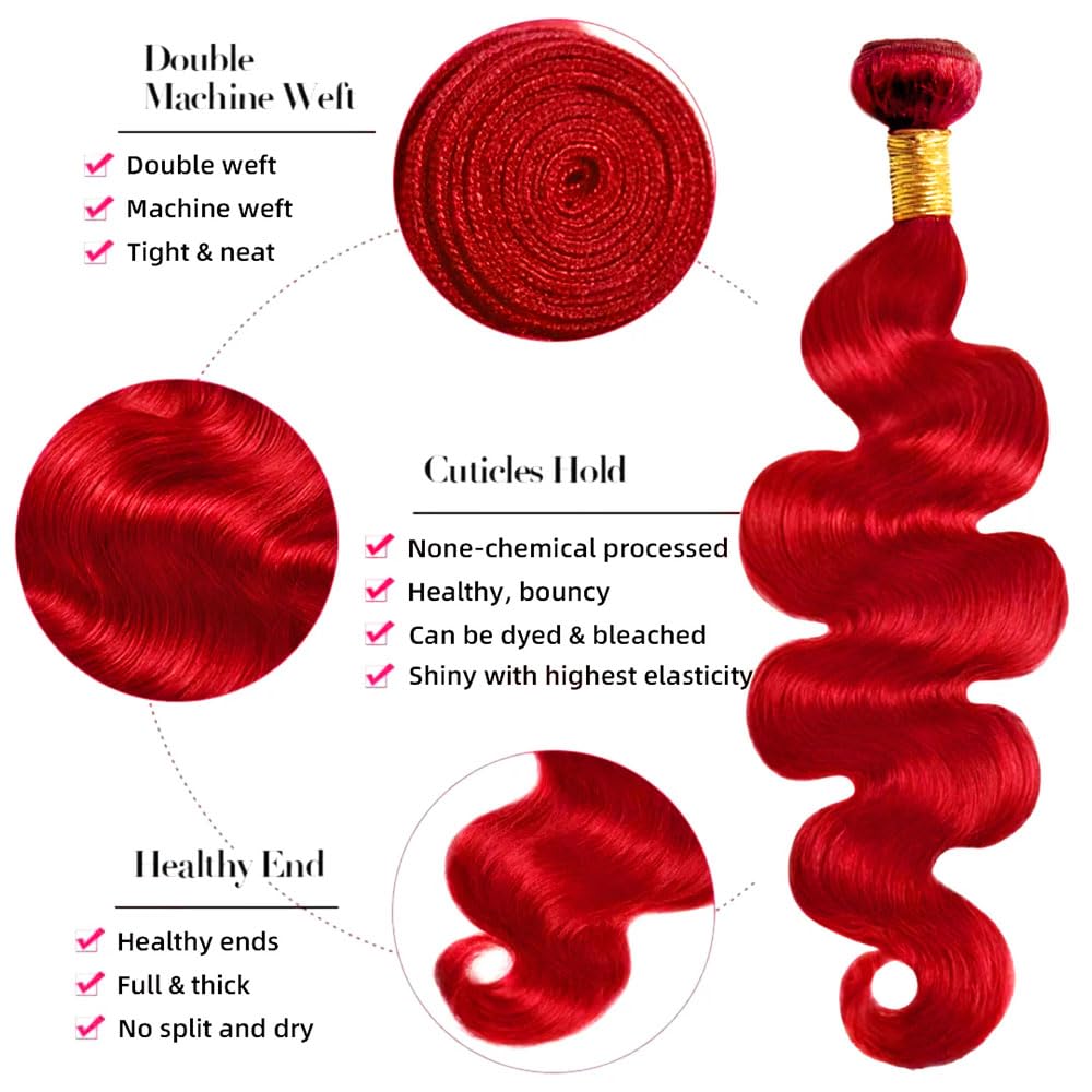Red Body Wave Human Hair Extensions - 16, 18, 20 Inch Bundles | Unprocessed Brazilian Virgin Hair, 50g Each