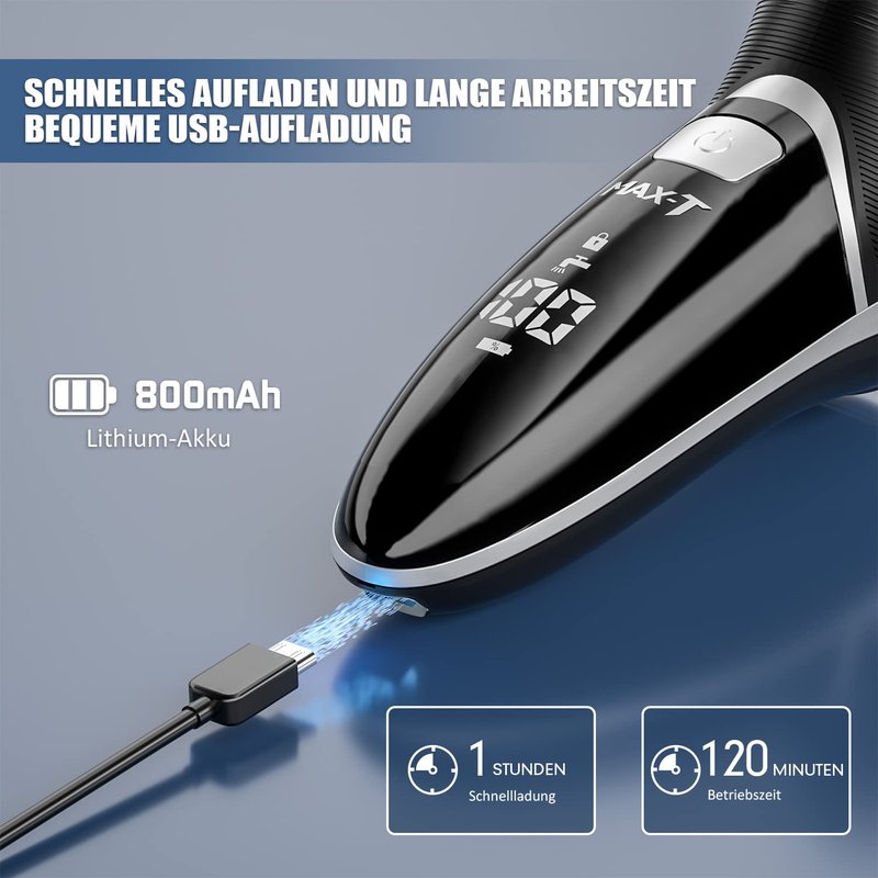 Electric Shaver for Men - MAX-T Quick Rechargeable Wet/Dry Rotary Razor with Pop-Up Trimmer & LED Display | IPX7 Waterproof