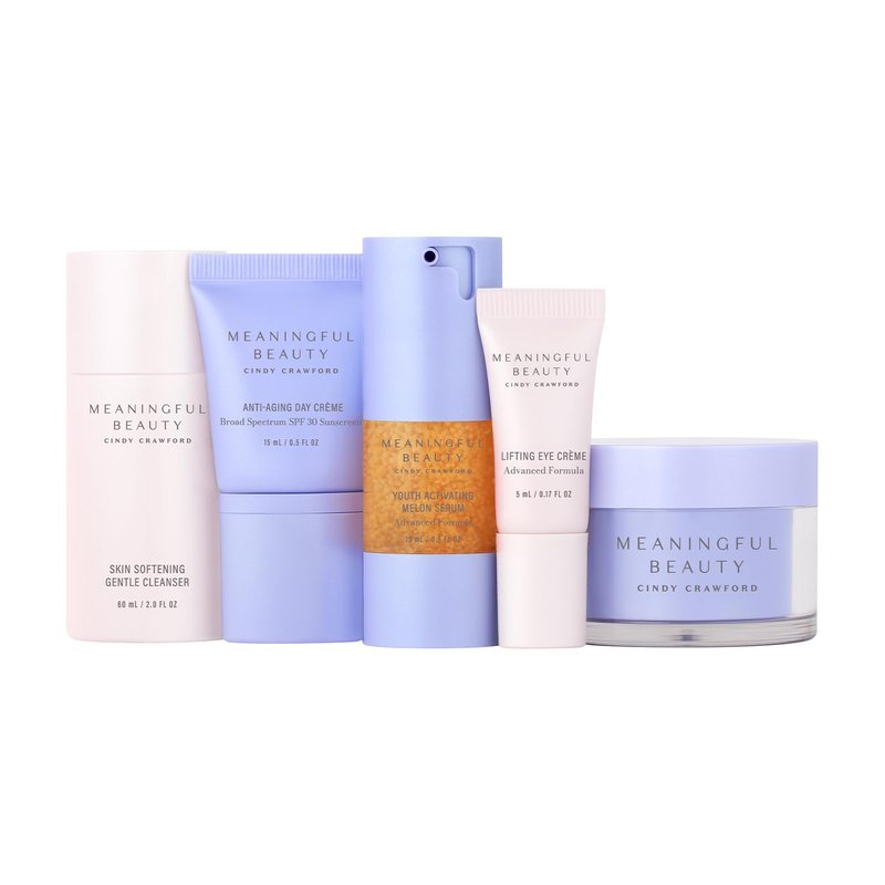 Meaningful Beauty Travel Size 5-Piece Starter Kit, Anti-Aging Skincare Gift Set for Women with Cleanser, Day Crème SPF 30, Face & Eye Serums, Lifting Eye Crème, Hydrating Daily Routine