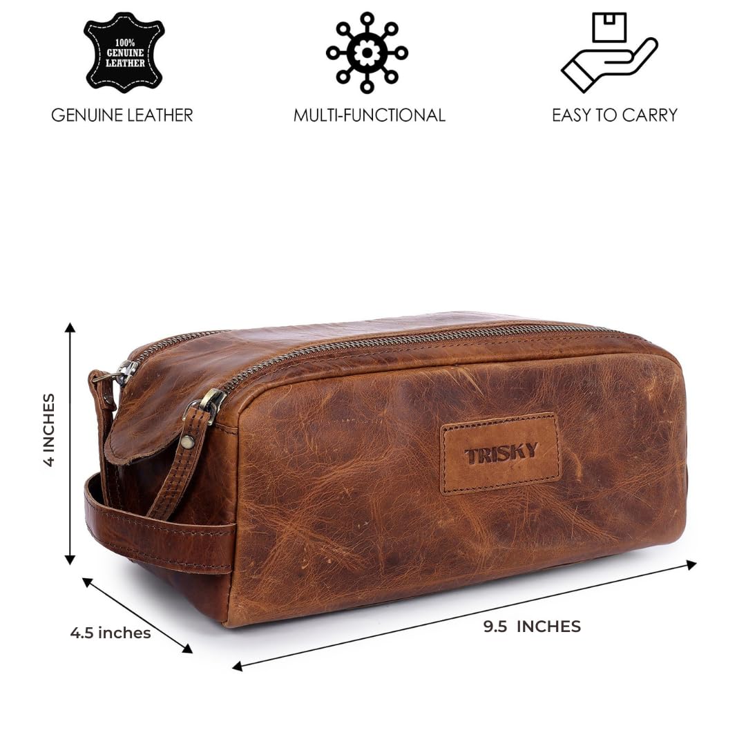 TRISKY Buffalo Leather Toiletry Bag For Men & Women- Grooming Bag For Men, Travel Pouch With Water Resistant Lining, Leather Toiletry Bags For Mens, King-size Handcrafted - Tan