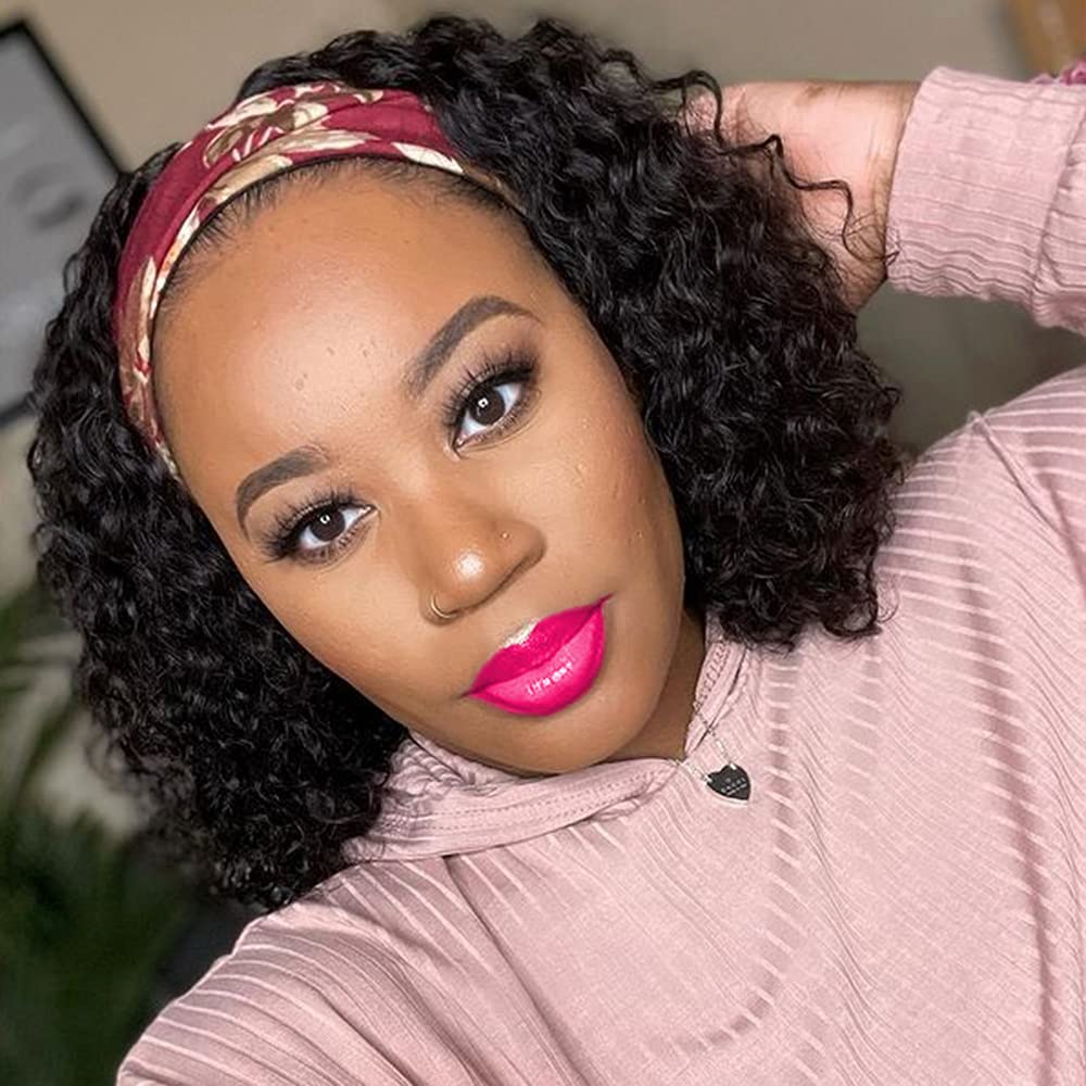 mengkai Deep Wave Lace Front Wigs Human Hair For Women Headband Wig Human Hair Deep Wave Glueless None Lace Front Wig Curly Headband Half Wigs for Women Brazilian Virgin Machine Made Wig 10 Inch