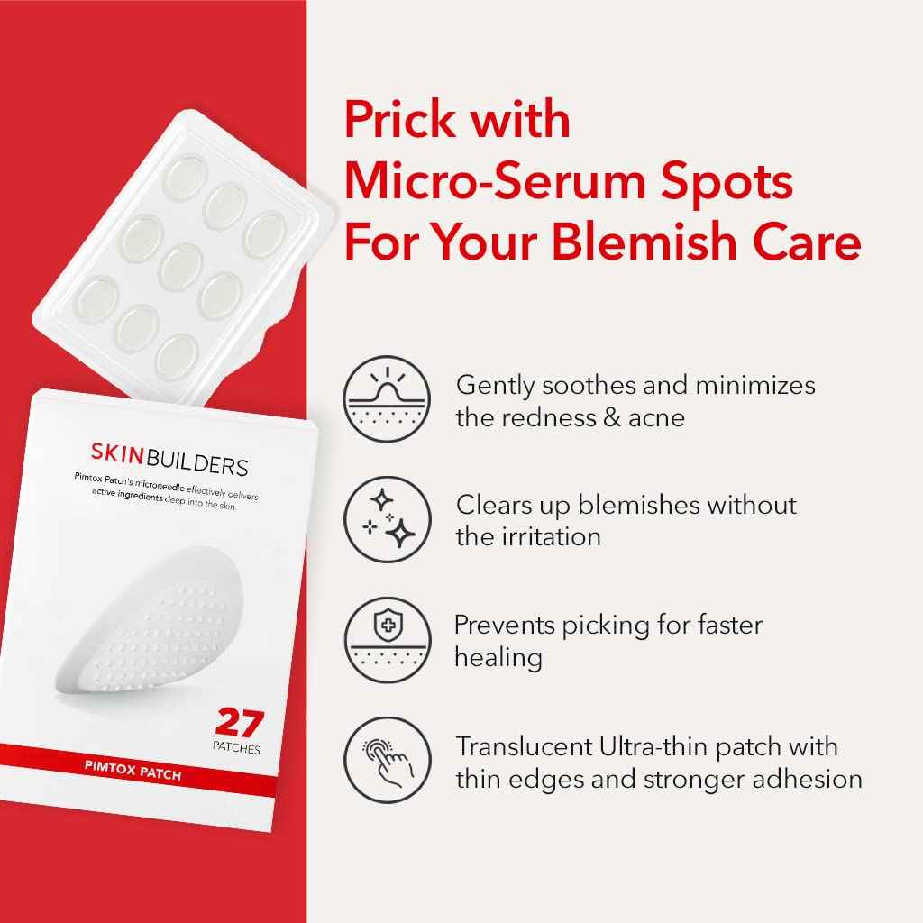SKINBUILDERS Microdart Acne Patch, Pimple patch Microneedle, Acne Treatment, PimTox Acne Patches For Hormonal Acne And Blemishes, Zit Patches, Patented Microneedles 27EA, Micropoint Pimple Patch