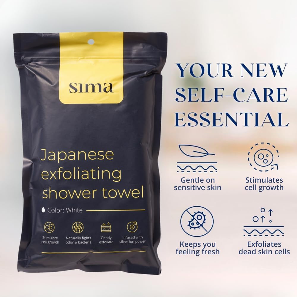 Sima Exfoliating Body Towel Bundle - White & Japanese Face Towel with Hexagon Fibers | Dual-Sided Scrubber