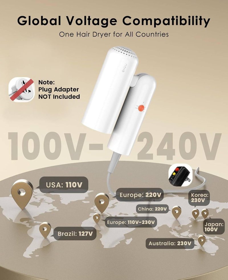 Dual Voltage Hair Dryer - Travel-Friendly 100V-240V Auto-Sensing Blow Dryer | Portable Design with 200x Temp Control