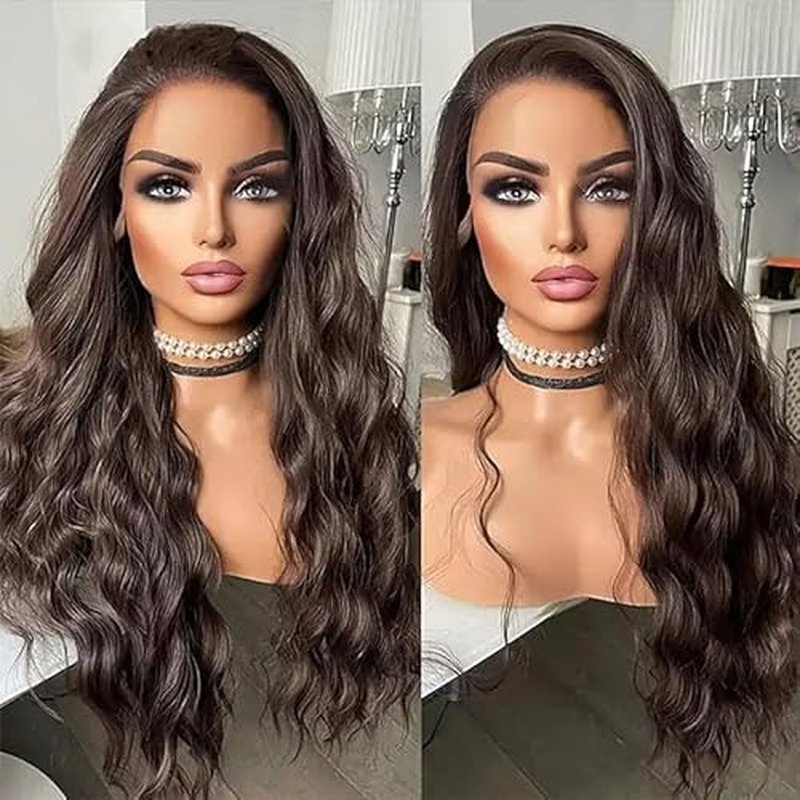 Long Brown Loose Wavy Synthetic Lace Front Wig Middle Part Lace Wigs Glueless Synthetic Hair Wig for Women Daily Party Cosplay Wigs Hairline Drag Queen