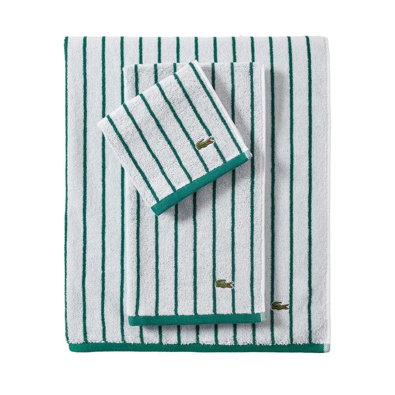 Lacoste Centre Mark Towel — 100% Soft Cotton Jacquard Stripe Design, Lightweight, Absorbent & Durable, Quick Drying, Green, 13"x13" Wash Cloth