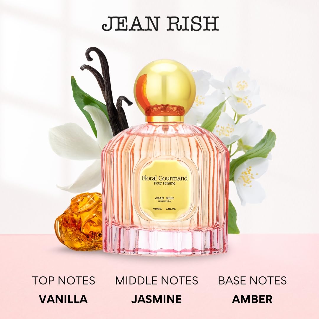 Jean Rish Floral Gourmand Perfume for Women Eau De Parfum, Long-Lasting Luxury Fragrance, Made In USA - Vanilla, Jasmine, Amber, Musk, Patchouli Scent - 100ml / 3.4 oz