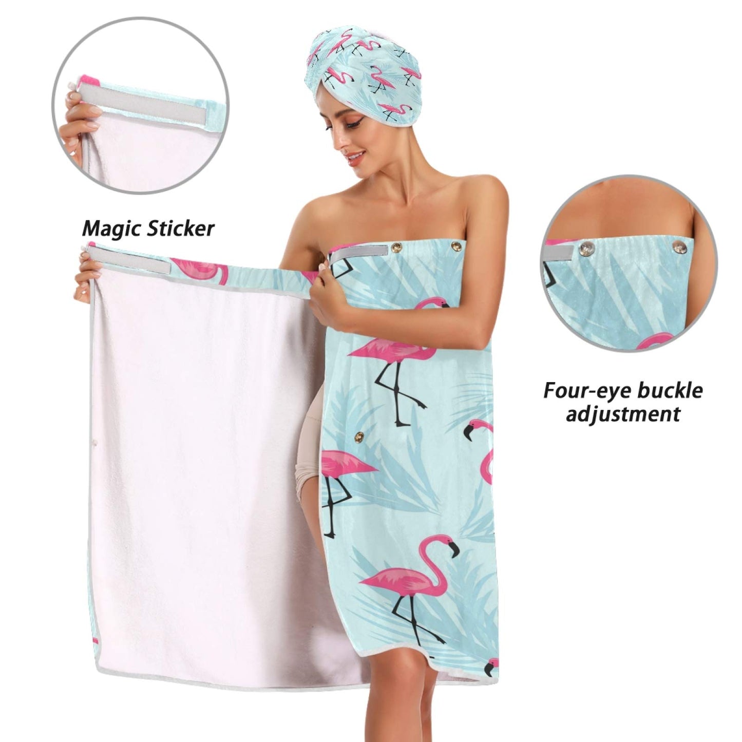 ATTX Flamingo Blue Leaf Towel Wrap with Dry Hair Cap & Headband for Women – Women’s Comfortable Shower & Bath Wrap with Adjustable Closure