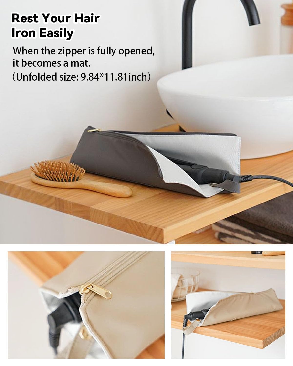 Easy-U Holder & Mat for Curling Iron Flat Iron, Heat Resistant Hot Hair Tool Travel Bag Case (pink&beige)
