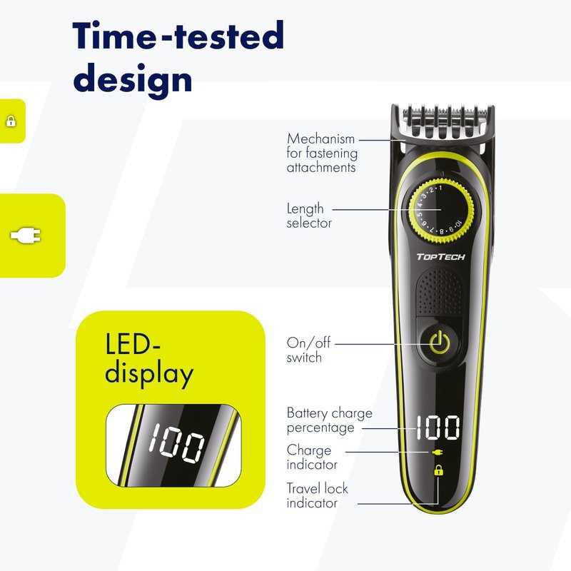 Toptech Beard Trimmer for Men – 5-in-1 Men’s Grooming Kit, Hair Clipper, Nose & Ear Trimmer, Body Groomer, Electric Shaver – Corded/Cordless, Rechargeable, Washable, 90-Min Runtime, Quick Charge