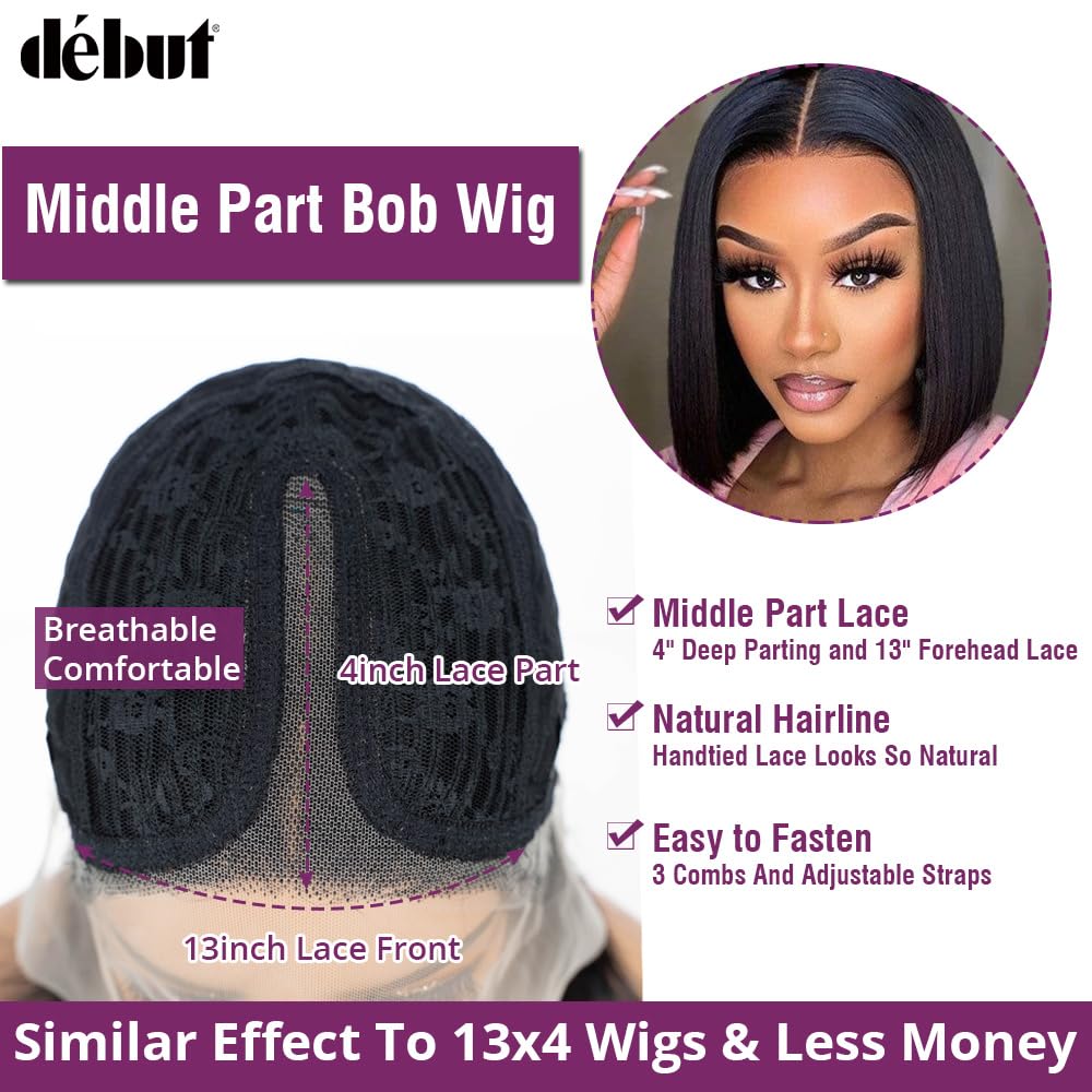 DÉBUT Human Hair Bob Wig 13x4x1 T Part Lace Front Wigs Short Bob 8 Inches Middle Part Wigs Brazilian Virgin Straight Hair Natural Color for Black Women