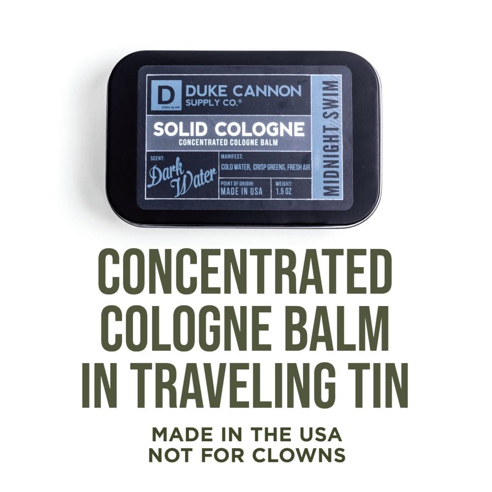 Duke Cannon Supply Co. Solid Cologne for Men Midnight Swim - Cold Water, Crisp Greens, Fresh Air - Concentrated Balm, Coconut Oil, Travel-Friendly Tin, 1.5 oz (1 unit)
