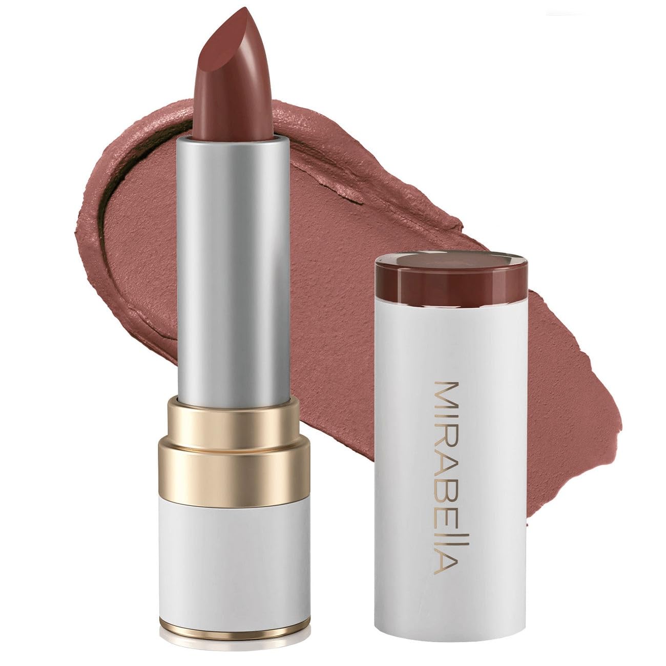 Mirabella - Sealed with Kiss Full-Coverage Moisturizing Lipstick, Richly Pigmented, Creamy Lip Makeup, Hydrating Mineral-Based Lip Color with Antioxidant Vitamin E, Shine Shades - Not Your Ave. Nude