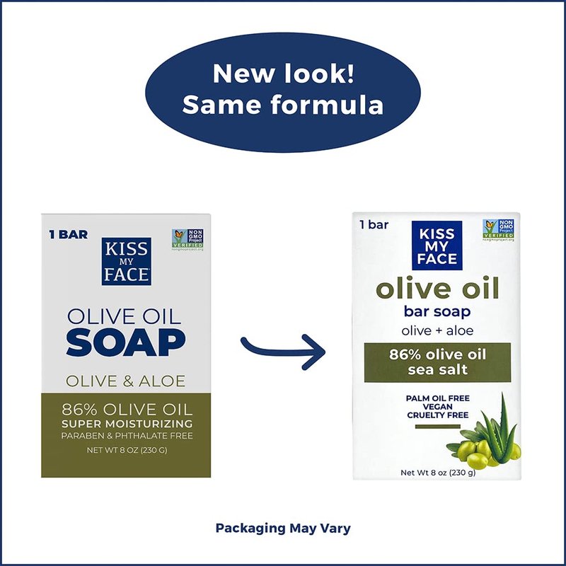Kiss My Face Pure Olive Oil Soap - Moisturizing Aloe Vera Bar Soap | 8 oz, 8 Pack