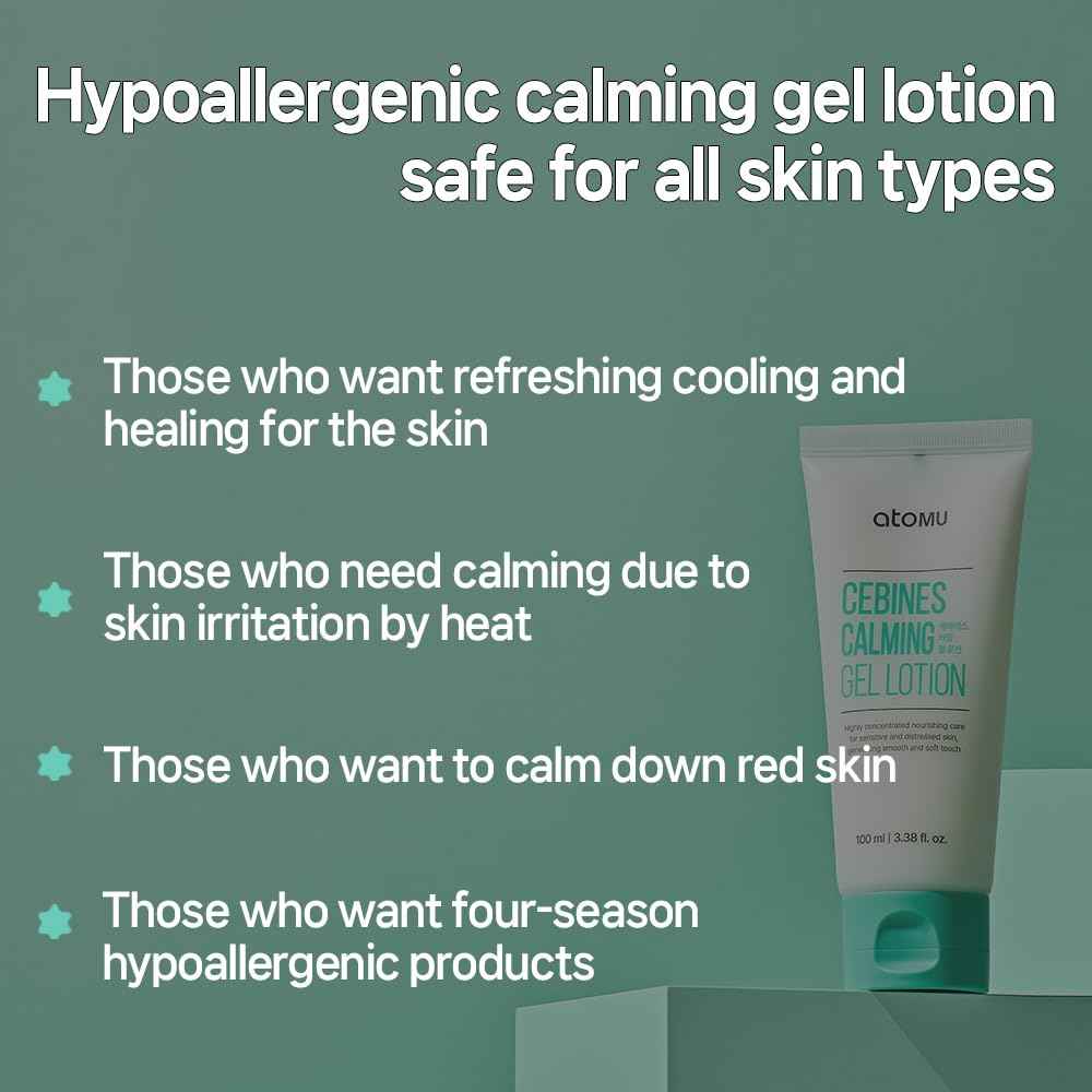 Atomu Cebines Calming Gel Lotion, Nourishing Cooling Facial Lotion for Sensitive and Distressed Skin, Hypoallergenic Soothing Redness Cream, All Skin Types, Korean Skincare (3.38 fl.oz.)