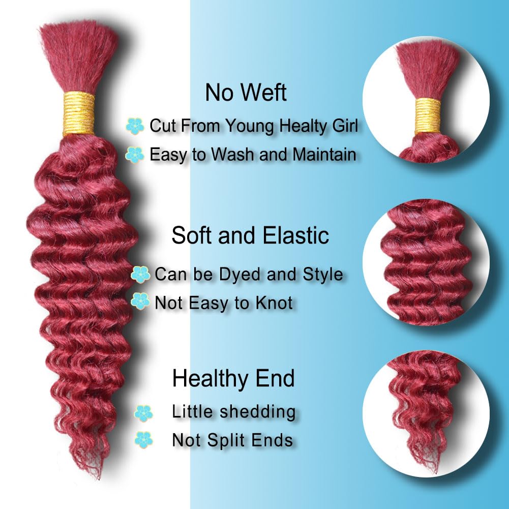 Deep Curly Wave Bulk Human Hair - 99J Burgundy 50g Unprocessed Brazilian Virgin for Boho Braids | Wet & Wavy