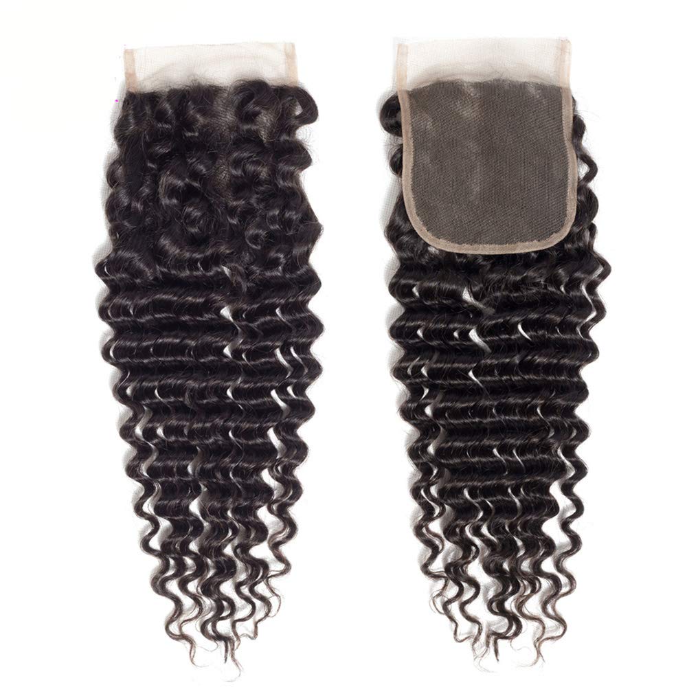 Brazilian Virgin Human Hair Deep Wave Lace Closure 4x4 Free Part 100% Unprocessed Virgin Brazilian Deep Curly Human Hair Lace Closure Natural Black Color (Deep12Inch 4X4 Closure)