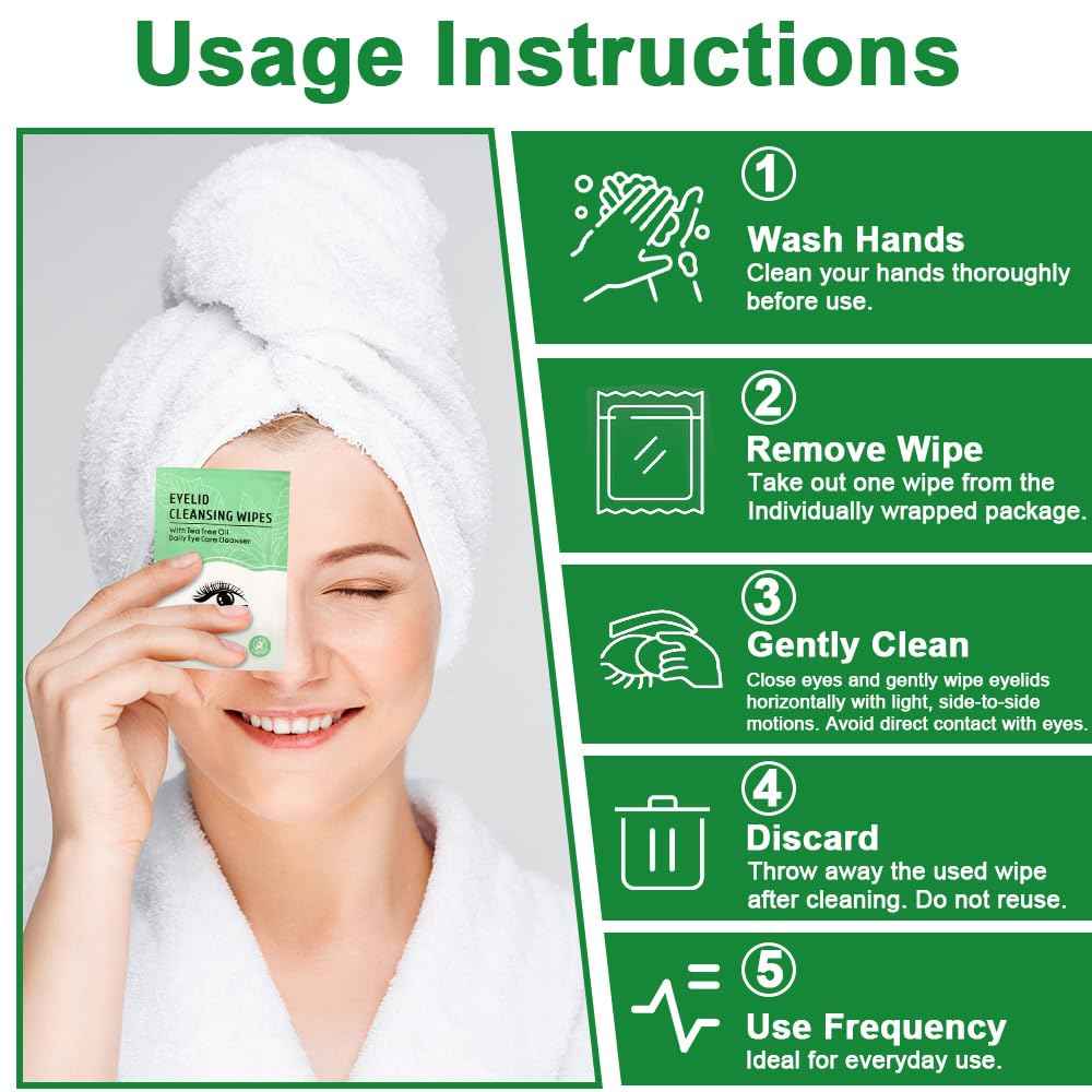 30 Count Eyelid Wipes, Gentle Eyelid Cleansing Wipes with Tea Tree Oil, Moisturizing Eye Wipes for People with Dry Eyes, Itchy, Styes & Blepharitis, Eyelid & Lash Wipes Individually Wrapped for Travel