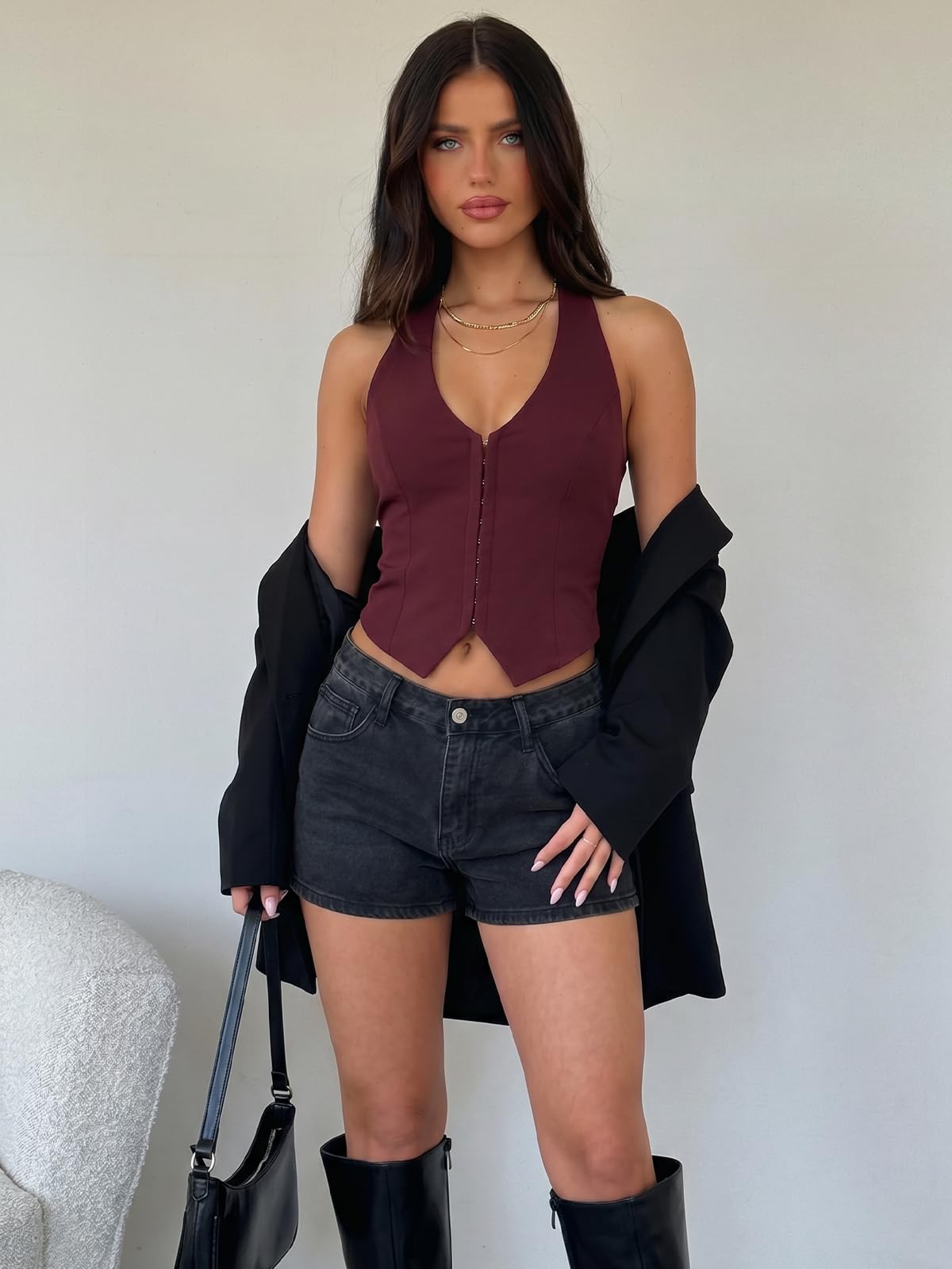 UNCOOYEE Going Out Tops for Women Sexy Backless Halter V Neck Tank Top