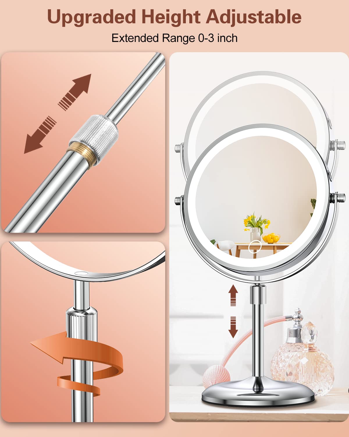 Benbilry 7" Lighted Makeup Mirror with Magnification 10X & 3 Color Lights, Adjustable Brightness & Height, 360° Swivel Rechargeable LED Magnifying Make Up Vanity Mirror with Lighting (Silver)