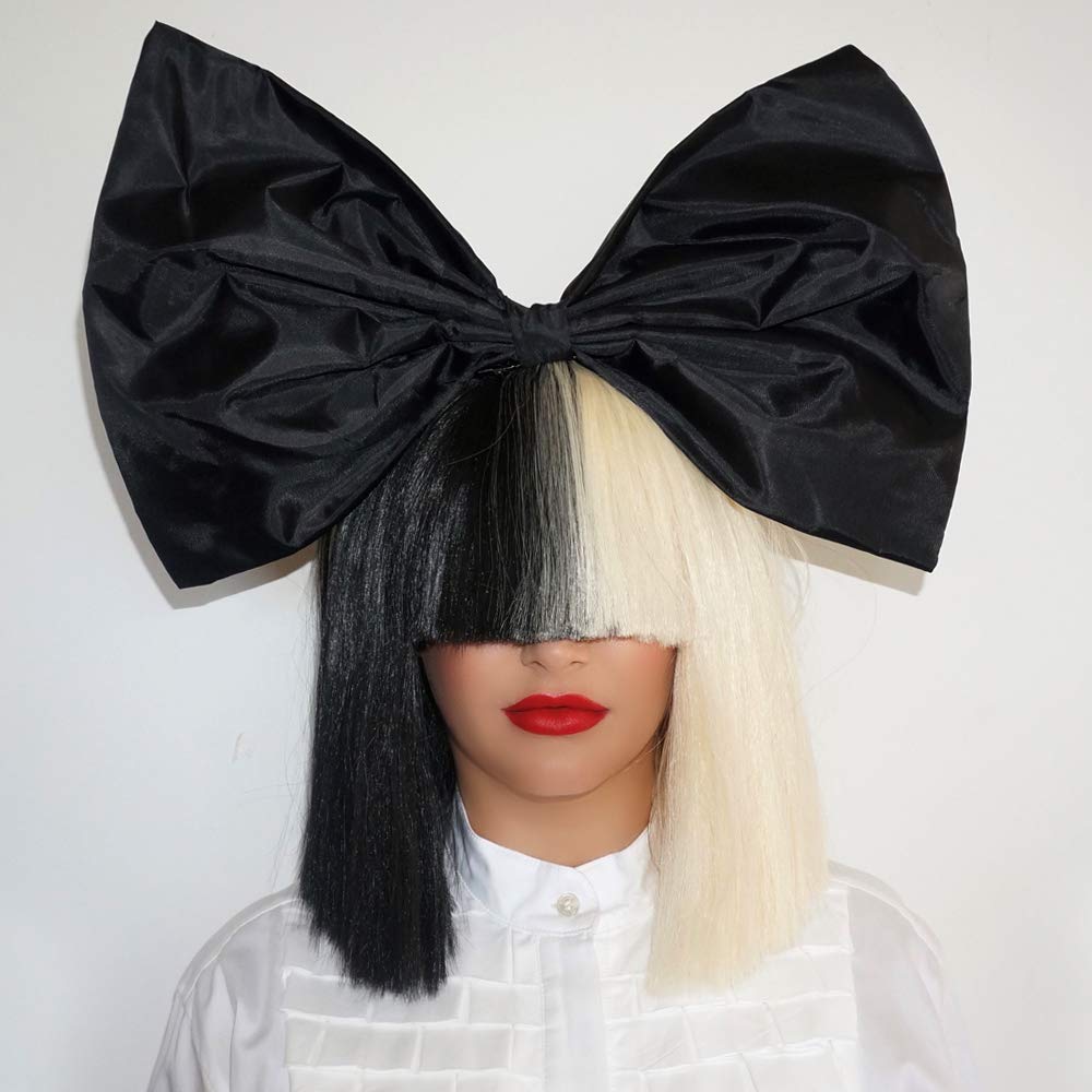 pureluca OFFICIALLY LICENSED Sia Costume Cosplay Wig Half Blonde Black 2 Tone Color Short Straight Bob Wig Synthetic Full Wigs with Big Bow Sia Style Wigs for Women Girls