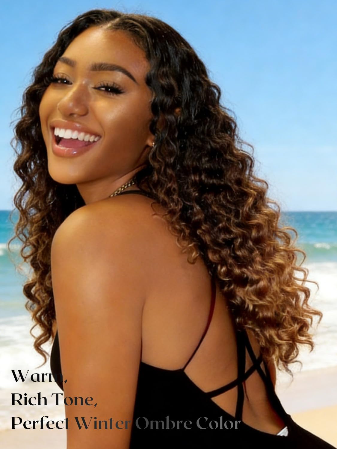 Anmetan 12A Ombre Human Hair Bundles Water Wave, Chestnut Ombre Brown 100% Remy Human Hair Curly Single Bundle Wet and Wavy Thick 3 Tone Colored #T1B/2/30 Dark Roots Keep Soft After Washes 12 Inch