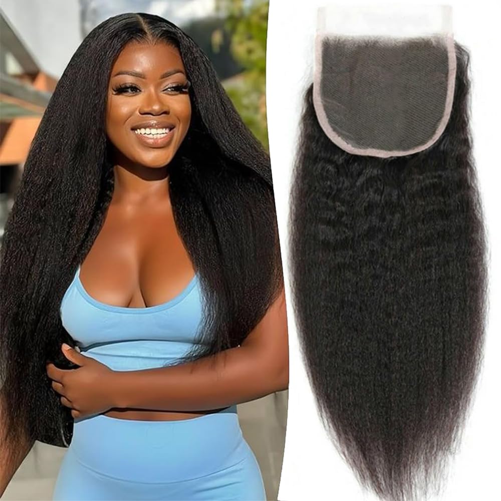 QTHAIR 18A Kinky Straight Lace Closure (14inch) 4x4 Free Part 150% Density Top Swiss Lace Natural Straight Human Hair Closure with Baby Hair
