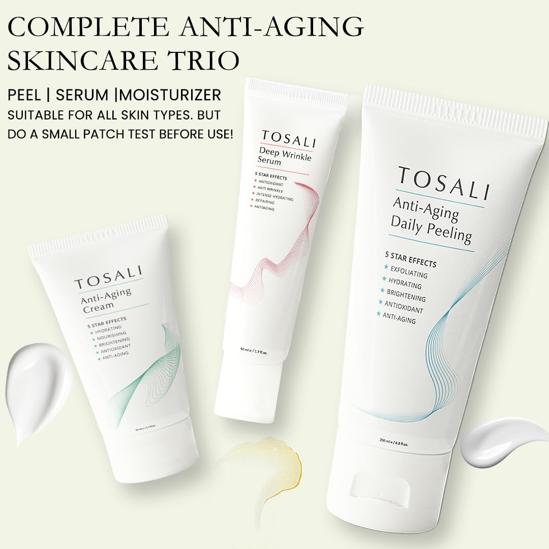 TOSALI Anti Aging Skincare Set – Daily Peeling Mask (6.8 oz), Deep Wrinkle Serum (1.7 fl oz) & Face Cream (1.7 oz) – Hydrating, Brightening, Wrinkle Reduction & Skin Firming for All Skin Types