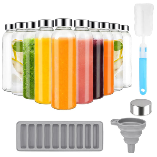 Zukro Glass Water Bottles with Lids 18 oz, Reusable Clear Juice Bottles With Stainless Steel Airtight Cap for Juicing, 100% Leak Proof Juice Drinking Jar for Refrigerator, BPA Free, Set of 10
