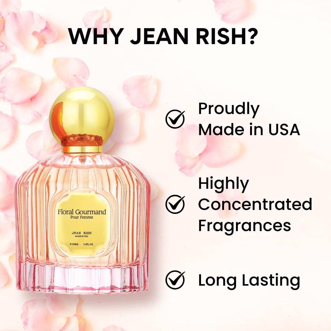 Jean Rish Floral Gourmand Perfume for Women Eau De Parfum, Long-Lasting Luxury Fragrance, Made In USA - Vanilla, Jasmine, Amber, Musk, Patchouli Scent - 100ml / 3.4 oz