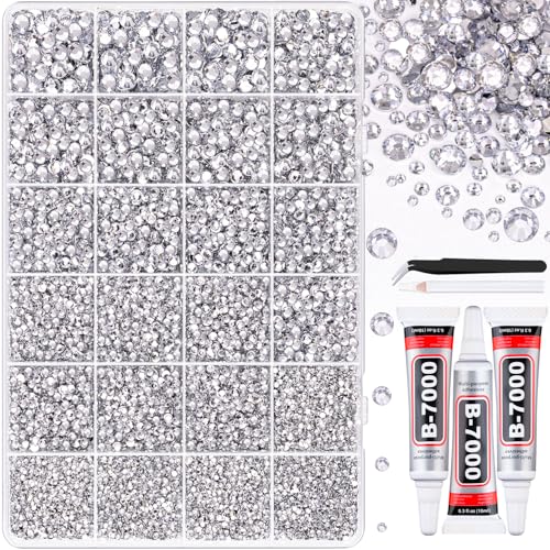30000Pcs Resin Rhinestones for Bedazzling, Silver Clear Flatback Gems for Diamond Art, Crystal Bedazzler Kit with 3Pcs 10ml B7000 Jewelry Glue for Nail Art Crafting Clothing Book Makeup