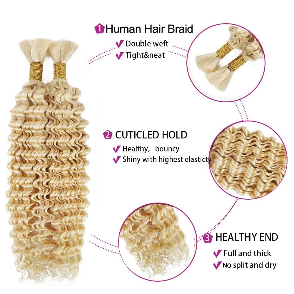 #613 Blonde Human Braiding Hair Deep Wave Bulk 24 24 24 Inch Honey Blonde Deep Wave Braids Human Hair Extensions Unprocessed Virgin Remy Hair 3 Bundle 50 Gram Per Bundle