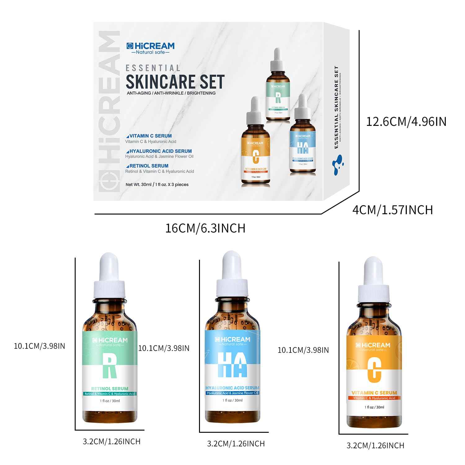 Hicream Face Serum Set 3-Pcs Set, Includes Vitamin C, Hyaluronic Acid & Retinol - Skin Care Set for Brightening, Firming, Hydrating - Facial Skin Care Set for Fine Lines, Dark Spot Corrector