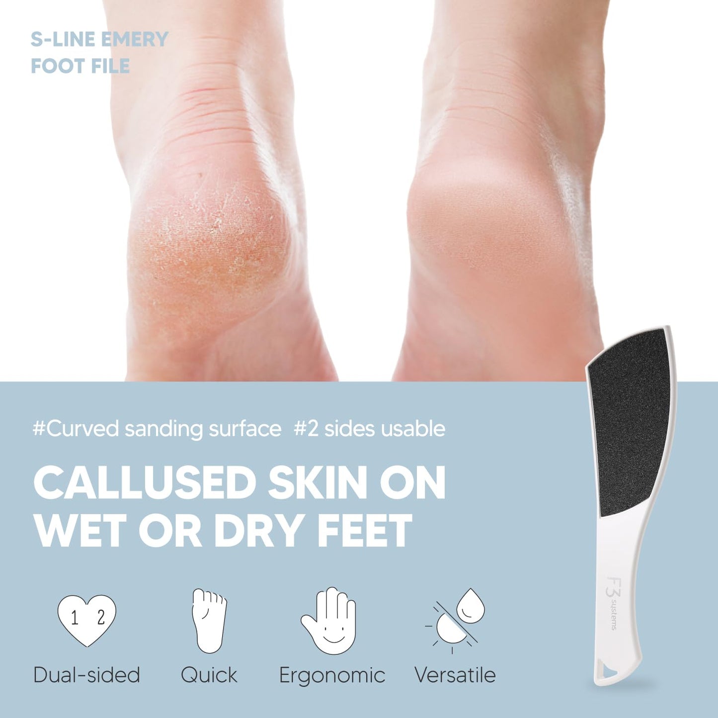 F3 Systems S-Line Emery Foot File & Foot Spray Set, Colossal Double-Sided Pedicure Tool, Effective for Cracked Heel, Ergonomic Design for Easy Grip, Dead Skin Remover, Callus Rasp, Scrubber