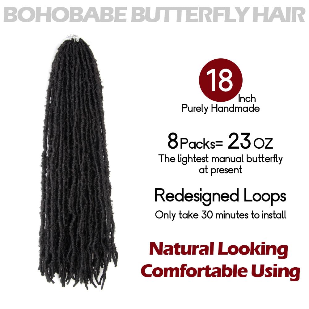 BOHOBABE 18 Inch Light Weight Butterfly Locs Crochet Hair 8 Packs Long Black Distressed Butterfly Faux Locs Crochet Hair, 1B