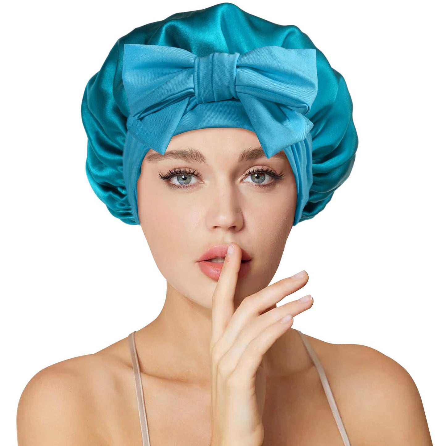 Necole Silk Bonnet for Women 100% Mulberry Silk Sleep Cap 22 Momme Double Layer Hair Wrap for Curly Short Long Hair, Non-Slip Turban with Elastic Tie, Blue