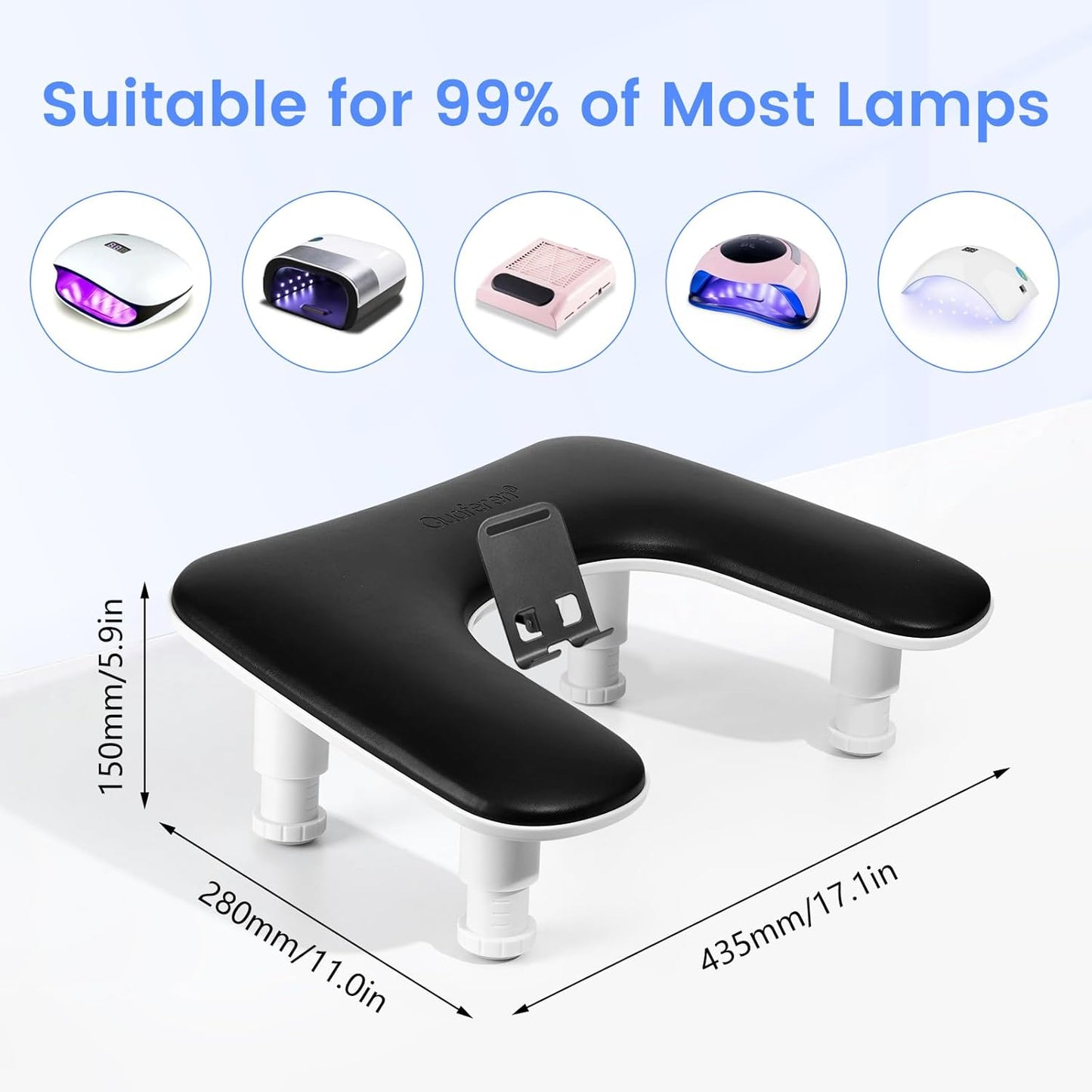 Manicure Nail Arm Rest - 3rd Gen Adjustable U-Shaped Hand Pillow with Rotating Phone Stand | Black