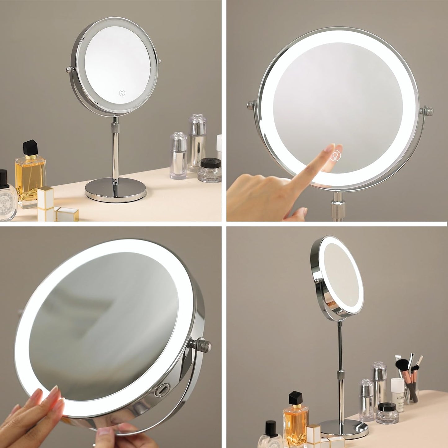 HIEEY Lighted Makeup Mirror with Magnification, 1x/10x Rechargeable 8" Lighted Mirror, 360° Rotation Touch Screen Vanity Mirror, Three Color Lighting Modes, Height Adjustable (Gift Box)