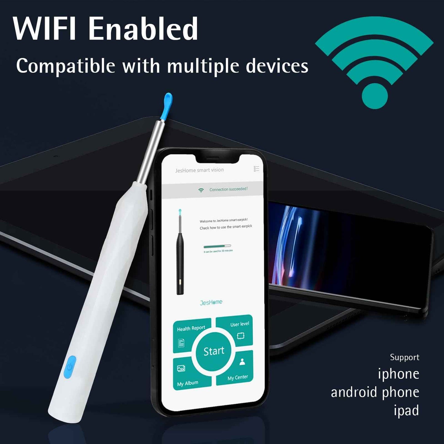 Ear Wax Removal, Ear Wax Removal Tool Camera with 1440P, Ear Cleaner with Camera and 7 Pcs Ear Set, Earwax Removal Kit with 6 Led Lights for iPhone, IPad, Android Phones (White)